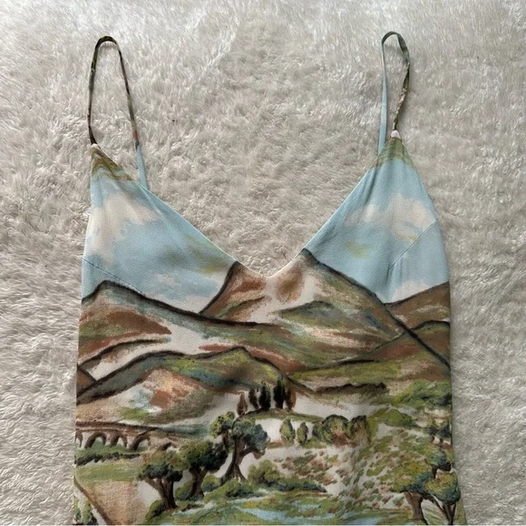 RARE Reformation Dietrich Landscape Mountains Blue Midi Slip Dress sz 2